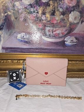 Miu Miu Soft Pink 'Love' Envelope Wallet with Gold Chain